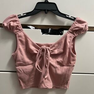 Pink Ribbed Tie-Front Top